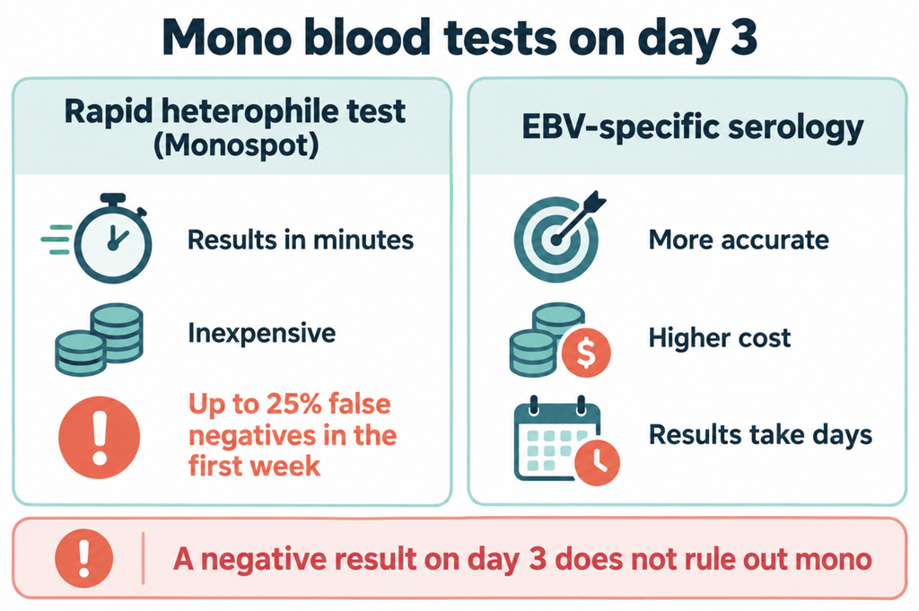 Comparison of the rapid heterophile test and EBV-specific serology on day 3, showing speed, cost and up to 25% false negatives in the first week