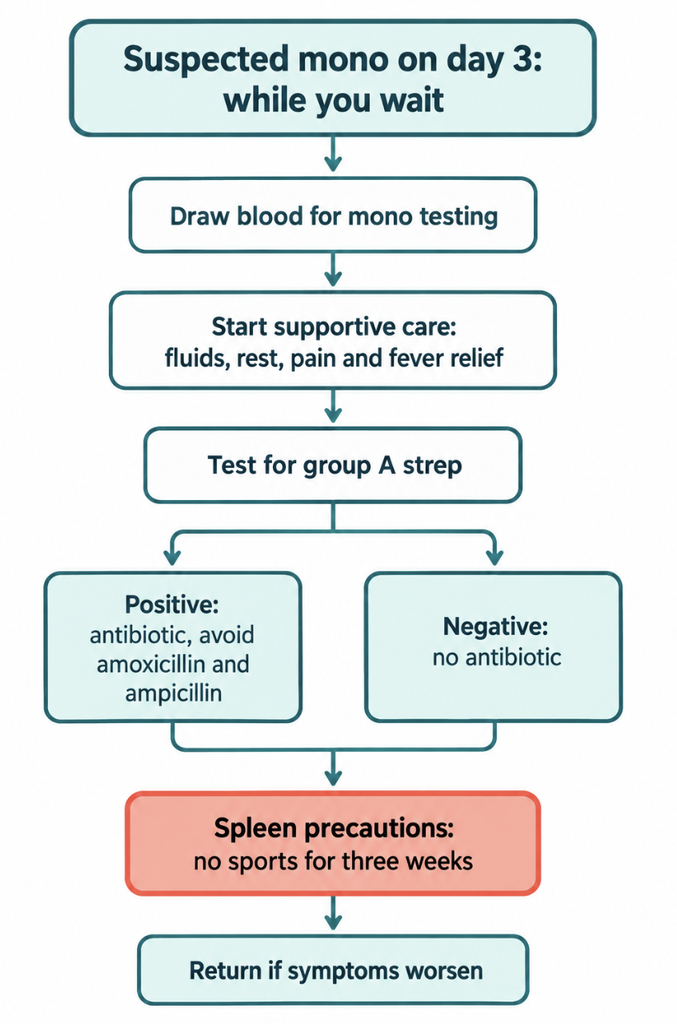 Decision flowchart for suspected infectious mononucleosis on day 3: draw blood, start supportive care, test for group A strep, avoid aminopenicillins, and follow spleen precautions