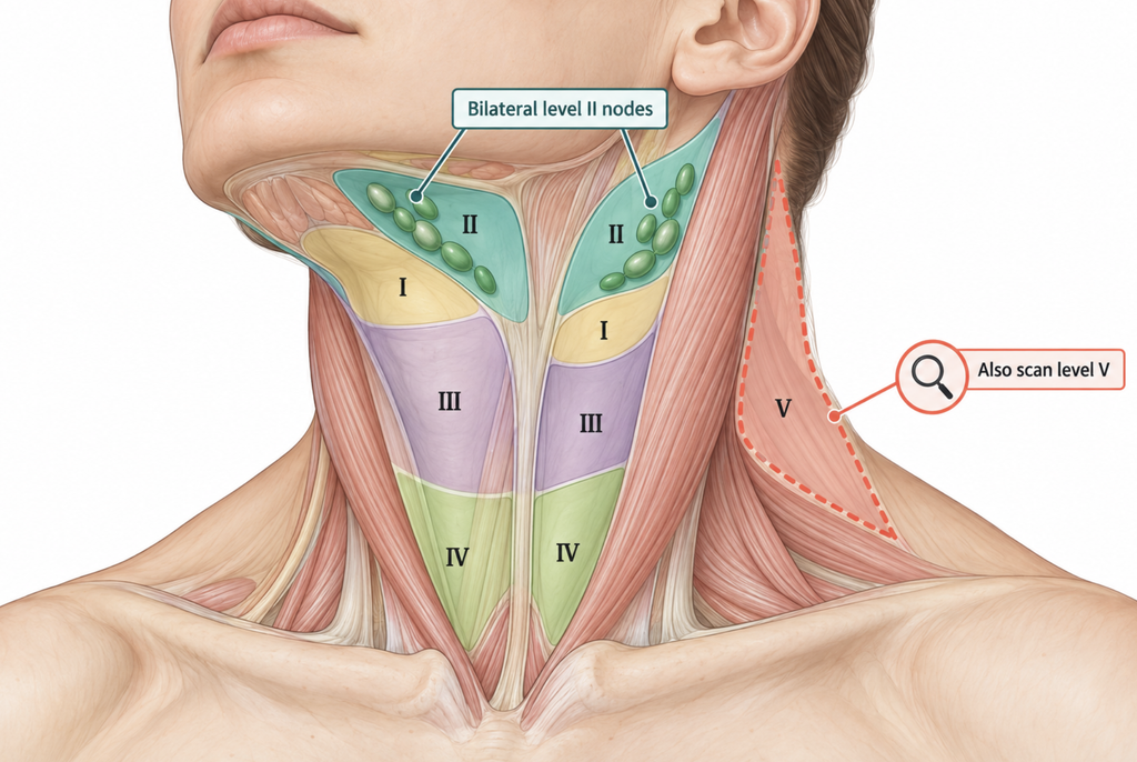 Neck lymph node level diagram showing bilateral enlarged level II nodes typical of infectious mononucleosis and the posterior triangle (level V) marked as a second area to scan on ultrasound