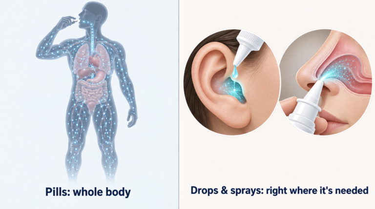 Ear drops vs oral antibiotics illustrated: a pill spreads medicine through the whole body, while ear drops and nasal sprays concentrate it on the ear canal and nasal lining.