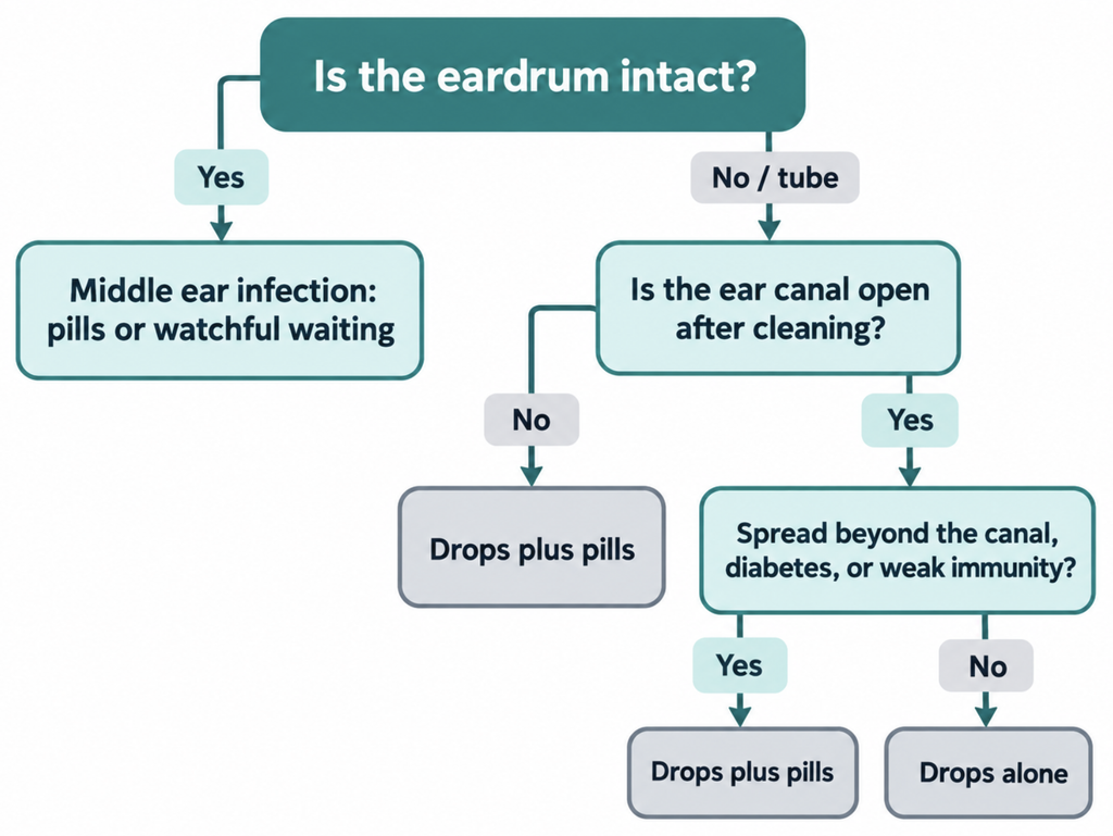 Decision flowchart for choosing ear drops, oral antibiotics, or both, based on eardrum status, ear canal access, and risk factors such as spread or diabetes.