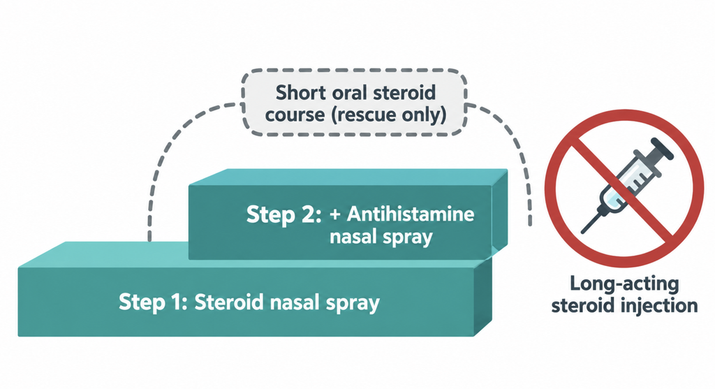 Treatment steps for severe allergic rhinitis: a steroid nasal spray first, an added antihistamine spray next, a short oral steroid course only as a rescue, and no long-acting steroid injections.
