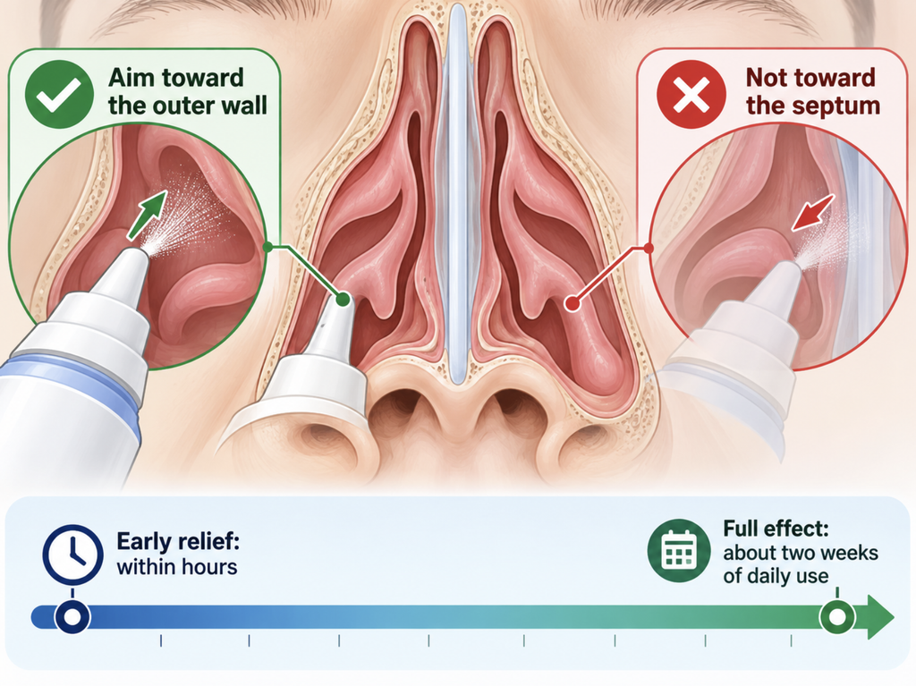 Correct nasal steroid spray technique, aiming toward the outer wall of the nostril rather than the septum, with a timeline from early relief within hours to full effect after about two weeks.