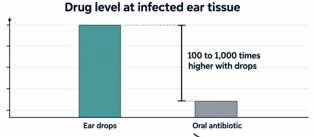 Bar chart showing antibiotic levels at infected ear tissue can be 100 to 1,000 times higher with ear drops than with oral antibiotics.