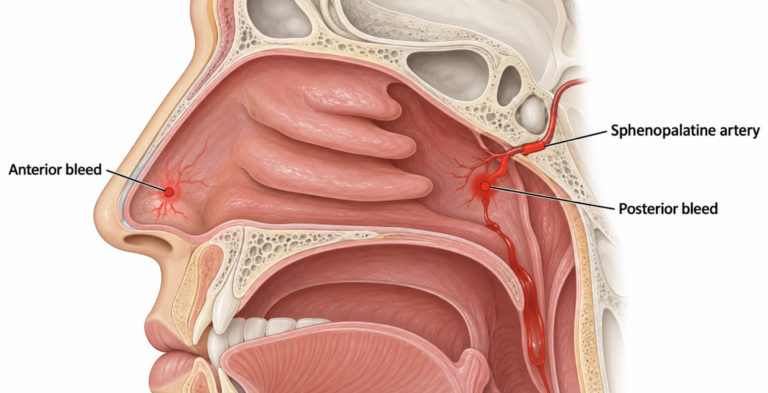 Best treatment for posterior epistaxis starts with the bleeding site: cross-section of the nose showing anterior and posterior bleeding points and the sphenopalatine artery
