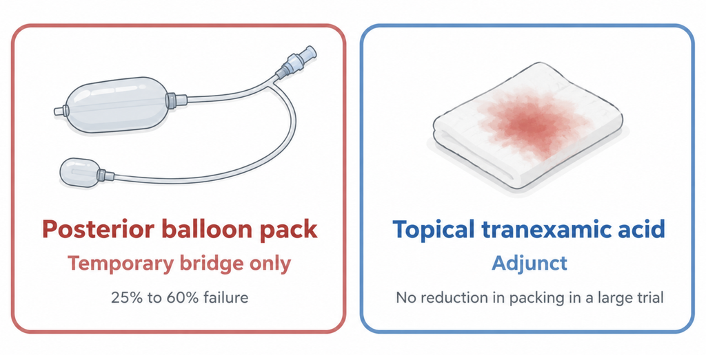 Two cards comparing bedside options for posterior epistaxis: a posterior balloon pack as a temporary bridge and topical tranexamic acid as an adjunct