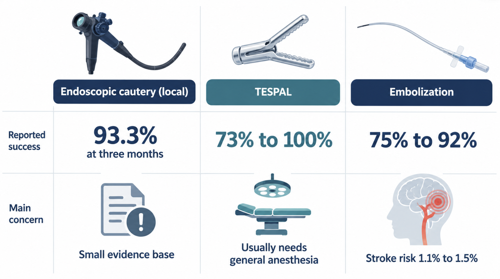 Comparison chart of surgical options for posterior epistaxis showing reported success rates and main concerns for endoscopic cautery, TESPAL, and embolization